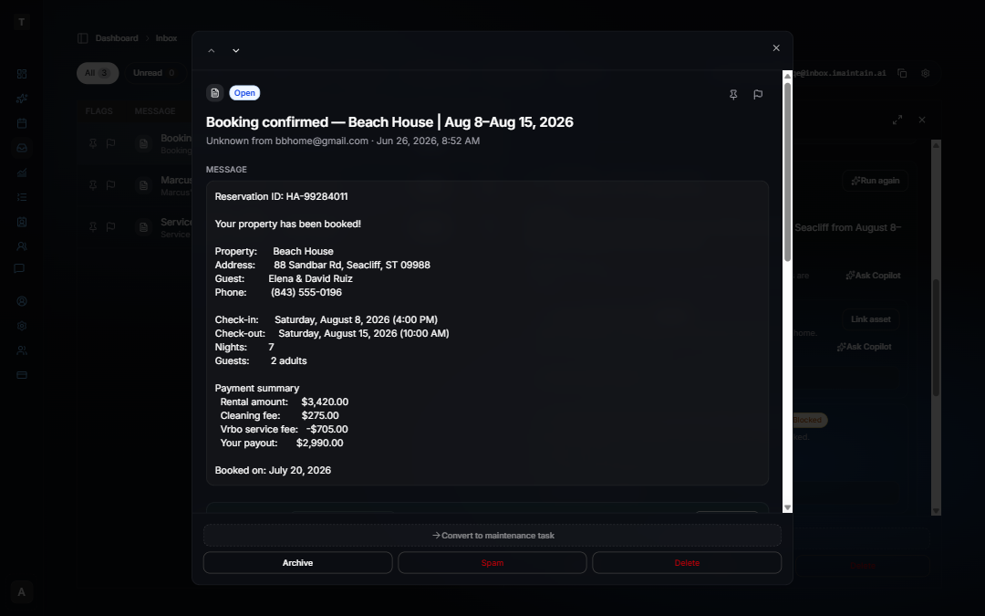 Inbox AI review for a VRBO stay confirmation showing steps to link a property and log the rental stay