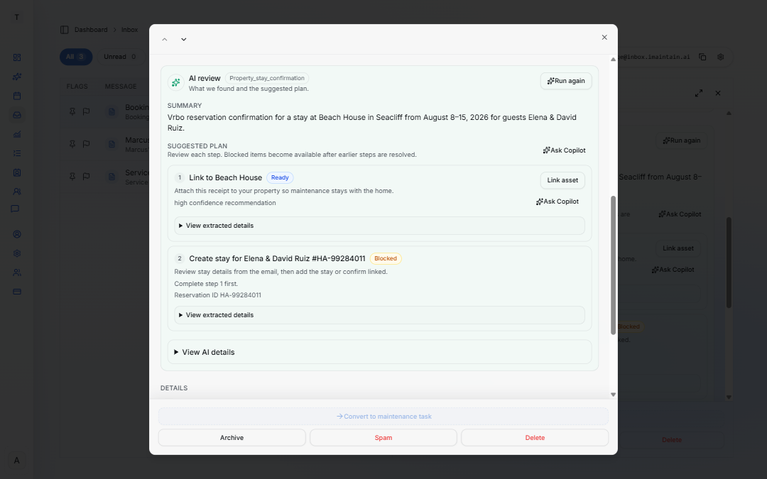 Inbox AI review for a VRBO stay confirmation showing steps to link a property and log the rental stay